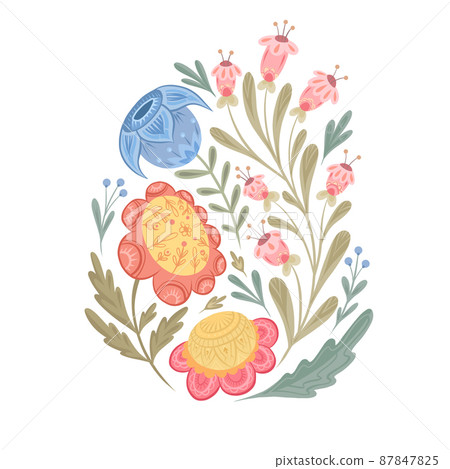 Tender flat illustration of flowers with a folk arts on a white background. Vector floral arrangement with naive ornaments. Tender flat illustration of flowers with a folk arts on a white background. Vector floral arrangement with naive ornaments. 87847825