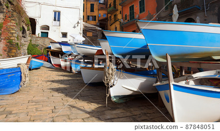 Small Boats Moored in Riomaggiore Village - Cinque Terre Liguria Italy 87848051