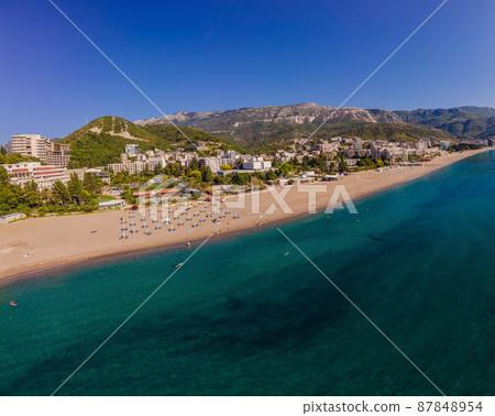 Aerophotography. View from flying drone. Panoramic cityscape of Budva, Montenegro. Top View. Beautiful destinations Aerophotography. View from flying drone. Panoramic cityscape of Budva, Montenegro. Top View. Beautiful destinations 87848954