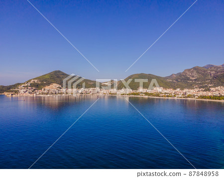 Aerophotography. View from flying drone. Panoramic cityscape of Budva, Montenegro. Top View. Beautiful destinations 87848958