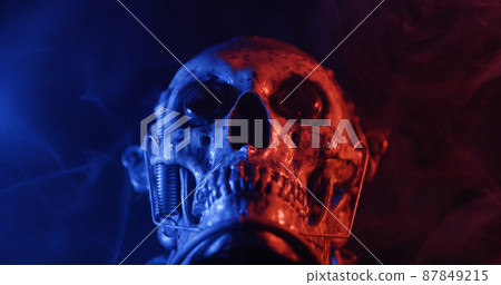 Robotic skull with blue and red lights and smoke Robotic skull with blue and red lights and smoke 87849215