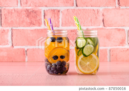 Healthy detox infused water with fruits. Healthy detox infused water with fruits. 87850016