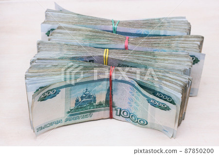 Bundles of bills. Russian banknotes. 1000 rubles bundles of bills. Bundles of bills. Russian banknotes. 1000 rubles bundles of bills. 87850200