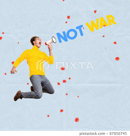 Conceptual image with young man, student shouting No war in megaphone in a jump isolated over blue background Conceptual image with young man, student shouting No war in megaphone in a jump isolated over blue background 87850745