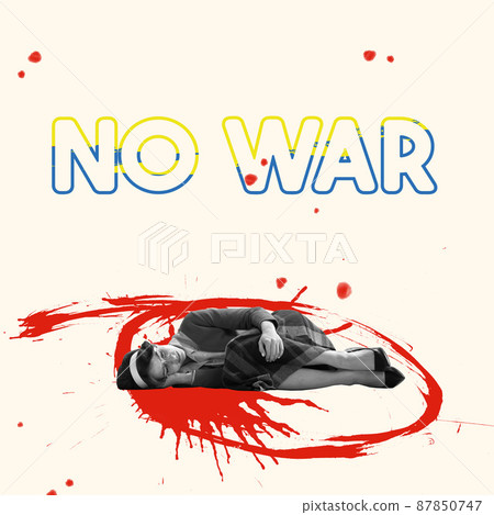 Contemporary art collage. Young woman lying in red circle isolated pink background with No War lettering Contemporary art collage. Young woman lying in red circle isolated pink background with No War lettering 87850747