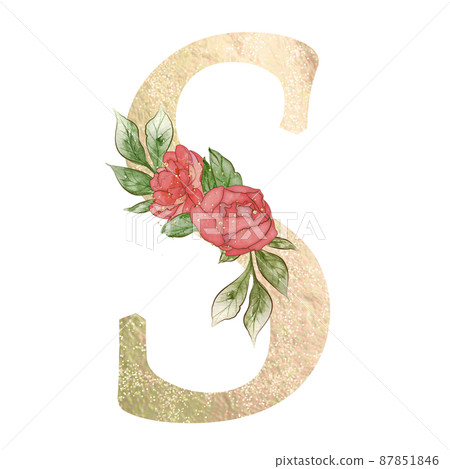 Gold capital letter S decorated with peonies flowers and leaves. Gold capital letter S decorated with peonies flowers and leaves. 87851846