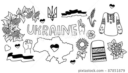 Set Ukrainian symbol. viburnum and flag, sunflower and spikelet, shirt and embroidered towel, heart and card. Vector illustration. Hand drawn doodle. For design and decoration of Ukrainian theme Set Ukrainian symbol. viburnum and flag, sunflower and spikelet, shirt and embroidered towel, heart and card. Vector illustration. Hand drawn doodle. For design and decoration of Ukrainian theme 87851879