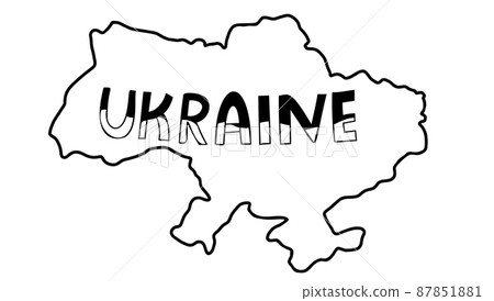 Word Ukraine. Map of Ukraine and coat of arms of country trident. Vector illustration. Hand drawn linear doodle. For design and decoration of Ukrainian theme 87851881
