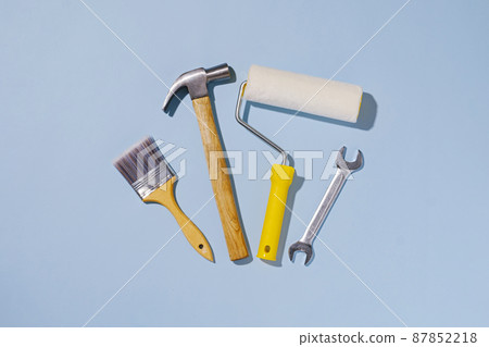 Flat lay still life with shadow of workshop tools 87852218