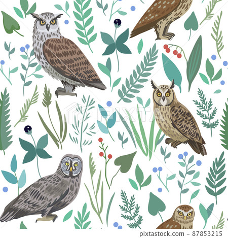 Seamless pattern with cute owls and forest... - Stock Illustration ...
