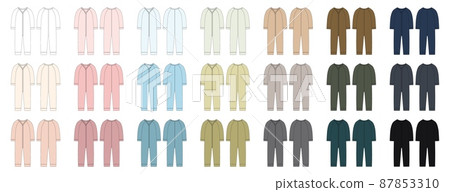 Set of onesie with a long sleeves. Infant romper collection. Baby body wear mock up. Children bodysuit Technical sketch Set of onesie with a long sleeves. Infant romper collection. Baby body wear mock up. Children bodysuit Technical sketch 87853310