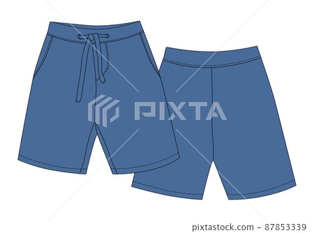 Technical sketch sport shorts pants design. Boy clothes template. Blue color. Technical sketch sport shorts pants design. Boy clothes template. Blue color. 87853339