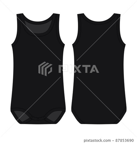 Baby sleeveless body. Black color. Infant tank top technical sketch. Children bodysuit. Underwear 87853690