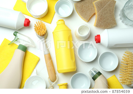 Concept of different Dishwashing detergent accessories on white table 87854039