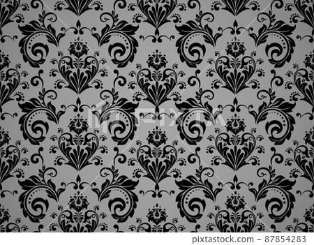 Wallpaper in the style of Baroque. Seamless vector background. Black and gray floral ornament. Graphic pattern for fabric, wallpaper, packaging. Ornate Damask flower ornament Wallpaper in the style of Baroque. Seamless vector background. Black and gray floral ornament. Graphic pattern for fabric, wallpaper, packaging. Ornate Damask flower ornament 87854283