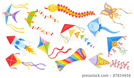Cartoon flying kites in various shapes, colorful kids wind toys. Butterfly, diamond kite for festival, outdoor summer activity vector set 87854956