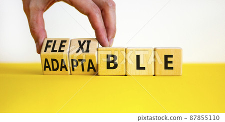 Adaptable or flexible symbol. Businessman turns wooden cubes and changes the word Adaptable to Flexible. Beautiful yellow table white background, copy space. Business, adaptable or flexible concept. 87855110