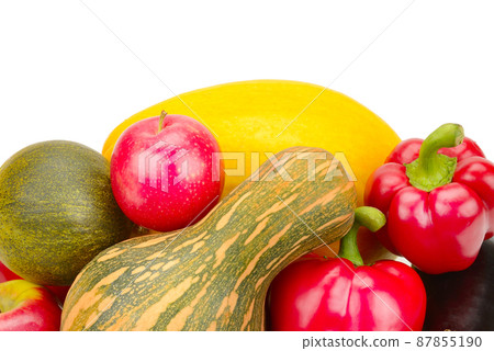 Vegetables and fruits isolated on a white background. Free space for text. Vegetables and fruits isolated on a white background. Free space for text. 87855190