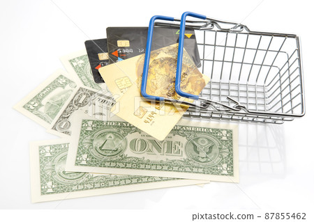Dollars, credit card and grocery cart. Shopping in a supermarket. Business sale. Payment by terminal 87855462