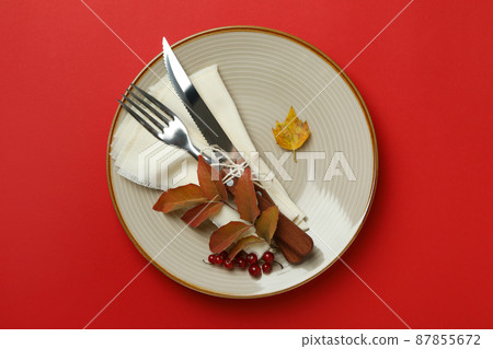 Happy Thanksgiving Day composition on red background Happy Thanksgiving Day composition on red background 87855672