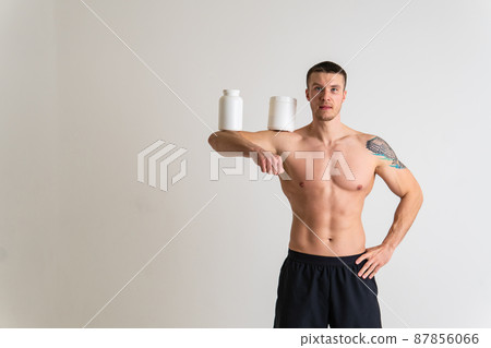 Fitness protein jars white on white background bodybuilder powder strong high body painful, cramp sick massage human chronic. Touching lumbar therapy, ain suffer attractive 87856066