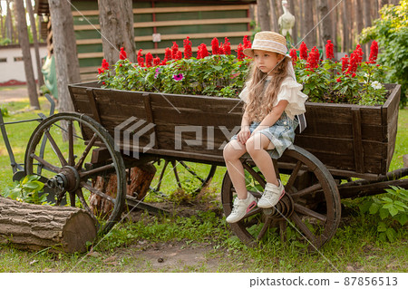 Upset preteen girl sitting on wheel of vintage wooden cart decorated as flowerbed 87856513