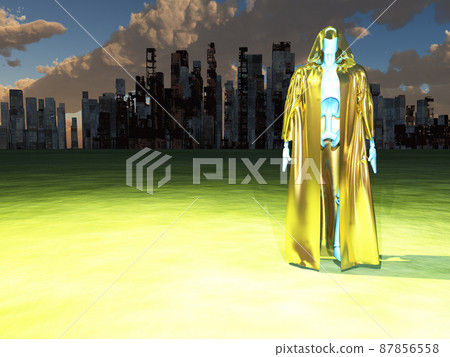 Robot monk before the destroyed city 87856558