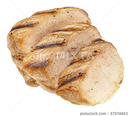 Grilled chicken breast slices isolated on white 87856663