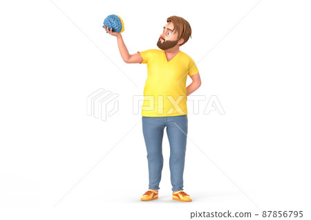 Thoughtful man holding a brain model. Isolated on white background. 3D Rendering 87856795