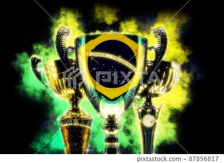 Trophy cup textured with flag of Brazil. Digital illustration 87856817