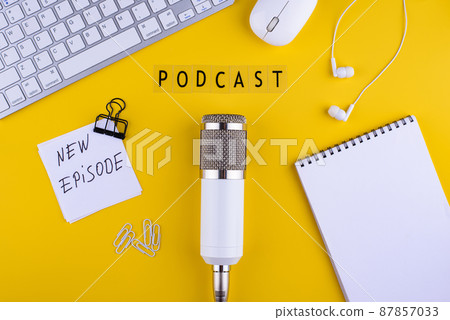 Podcast new episode concept with microphone Podcast new episode concept with microphone 87857033