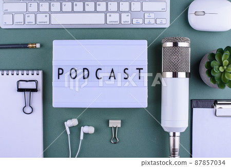 Podcast new episode concept with microphone 87857034