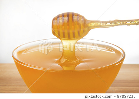 fresh honey dripping from a spoon into a transparent plate on a white background. fresh honey dripping from a spoon into a transparent plate on a white background. 87857233