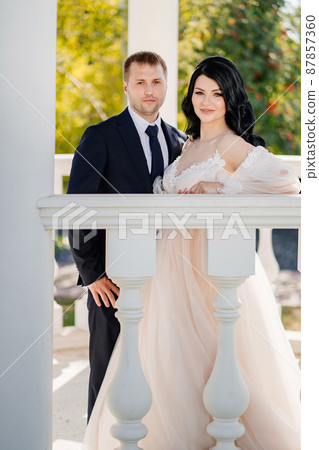 bride and groom in wedding clothes at railing in gazebos or rotunda in the park. 87857360