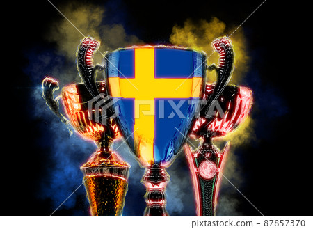 Trophy cup textured with flag of Sweden. Digital illustration Trophy cup textured with flag of Sweden. Digital illustration 87857370