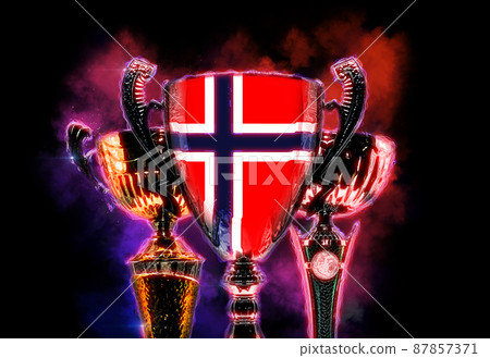 Trophy cup textured with flag of Norway. Digital illustration Trophy cup textured with flag of Norway. Digital illustration 87857371