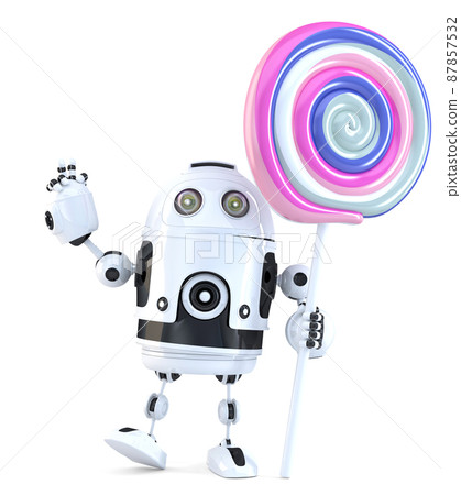 Cute Robot with lollipop. Technology concept. 3D illustration. Isolated, Contains clipping path Cute Robot with lollipop. Technology concept. 3D illustration. Isolated, Contains clipping path 87857532