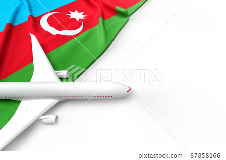 Passenger airplane and flag of Azerbaijan. 3D illustration 87858166