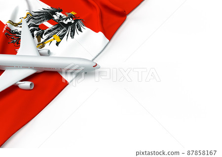 Passenger airplane and flag of Austria. 3D illustration Passenger airplane and flag of Austria. 3D illustration 87858167