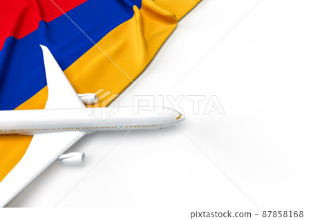 Passenger airplane and flag of Armenia. 3D illustration 87858168