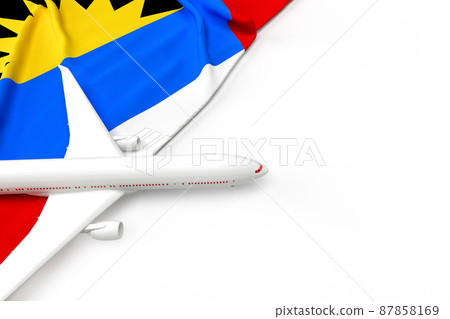 Passenger airplane and flag of Antigua and Barbuda. 3D illustration Passenger airplane and flag of Antigua and Barbuda. 3D illustration 87858169