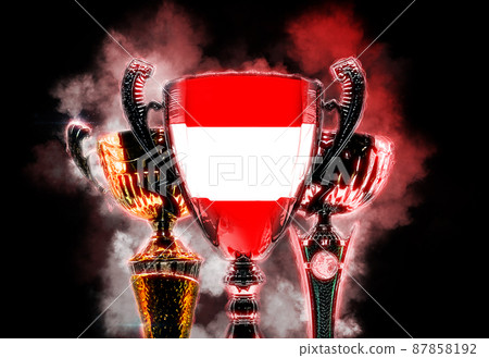 Trophy cup textured with flag of Austria. Digital illustration 87858192