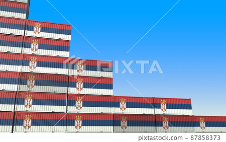 Flag of Serbia on containers forming declining trend of graph. National crisis or meltdown related conceptual 3D rendering Flag of Serbia on containers forming declining trend of graph. National crisis or meltdown related conceptual 3D rendering 87858373