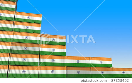 Many containers with flag of India represent decreasing trend. Economic or industrial crisis concept. 3D rendering Many containers with flag of India represent decreasing trend. Economic or industrial crisis concept. 3D rendering 87858402