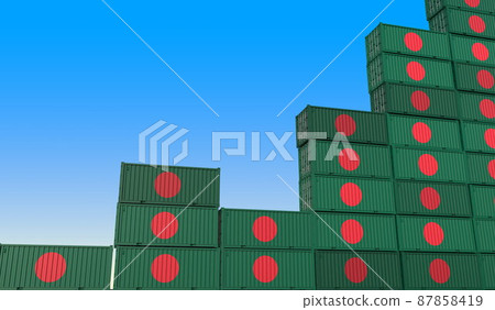 Flags of Bangladesh on cargo containers making a rising graph. Industrial growth related 3D rendering 87858419