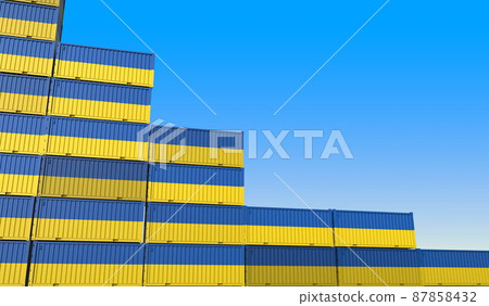 Flag of Ukraine on containers forming declining trend of graph. National crisis or meltdown related conceptual 3D rendering Flag of Ukraine on containers forming declining trend of graph. National crisis or meltdown related conceptual 3D rendering 87858432