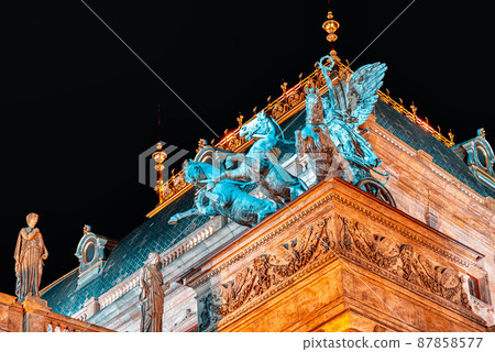 Close-up of National Theater in Prague at night. Czech Republic Close-up of National Theater in Prague at night. Czech Republic 87858577