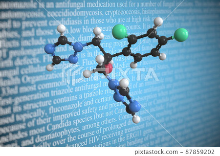 Molecular model of fluconazole, 3D rendering 87859202
