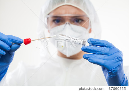 Healthcare professional holding Coronavirus COVID-19 test kit equipment 87860335