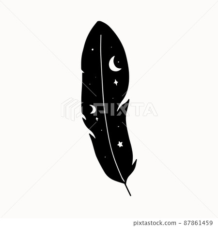 Line art of mystical esoteric black feather with moon and stars inside 87861459